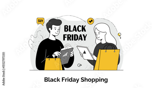 A man and woman, young adults, dressed in casual black clothing, engaged in Black Friday shopping activities, holding shopping bags and digital devices, at a store location.