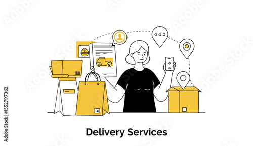 Female delivery service worker in black t-shirt holding order details and tracking a package in a modern delivery setting.
