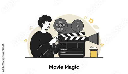 Young adult film director in casual black sweater operating a movie camera and clapperboard in a studio setting. Preparing for filming with movie props.