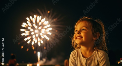 Young girl watching fireworks display illuminated against dark night sky showing joyful expression capturing festive celebration moment with radiant lights and potential celebration related usage