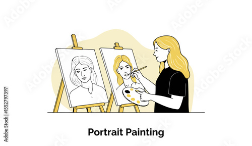 Young woman artist painting portrait on easels in art studio. Creating a portrait with focused attention and tools, in a creative environment.