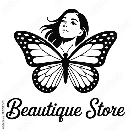 Woman with butterfly wings and beautique store text logo