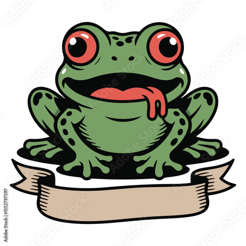 A cartoon frog with a banner below on a white background