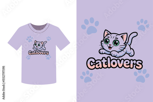 Cartoon cat design on a t shirt with paw prints around it