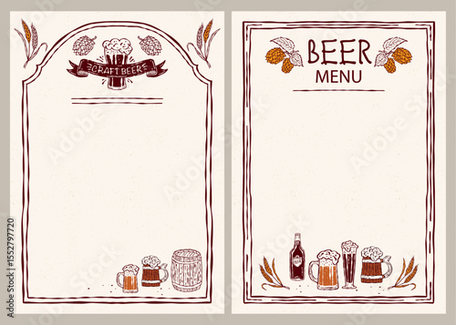 Craft beer menu set. Vector hand-drawn icons featuring beer mugs, a beer barrel, malt, and wheat. Perfect for bar menus, branding, packaging, and print projects