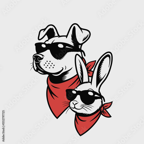 Dog and rabbit wearing sunglasses and red bandanas graphic