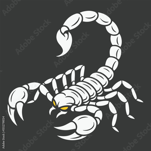 Illustration of a white scorpion with yellow eyes on gray