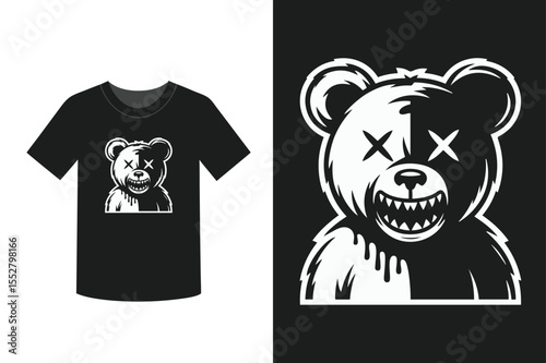 A black shirt with a bear design and a bear graphic art