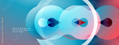 Abstract design features overlapping circles, gradients. Blue, pink hues create modern visual effect. Smooth transitions dominate composition.