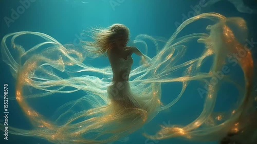 Beautiful mermaid floating gracefully underwater with long flowing golden hair seamless looping time-lapse 4k video background. Fantasy concept