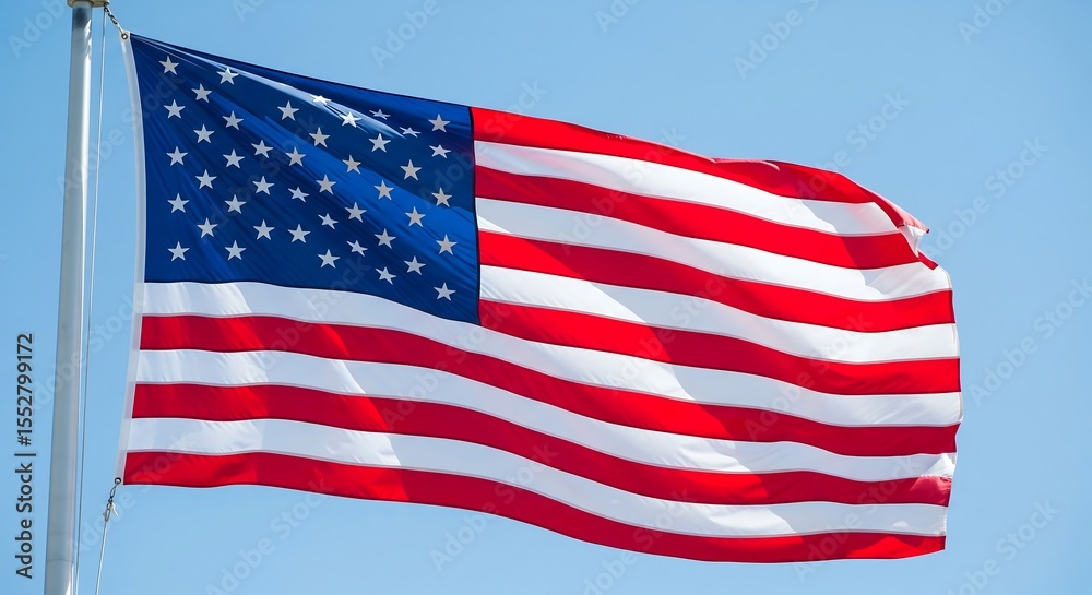 Obraz premium Bright American flag proudly waving against a clear blue sky, capturing the essence of patriotism, freedom, and national pride, perfect for holiday and celebratory themes