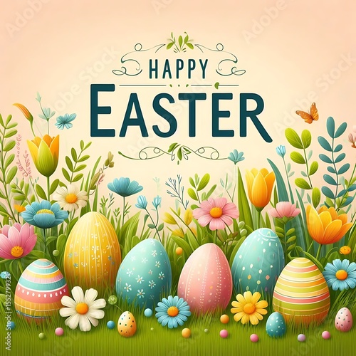Happy Easter eggs flowers spring greeting