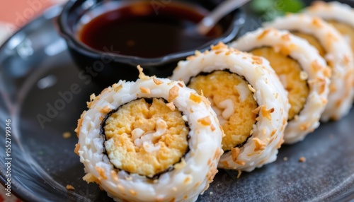 Delicious Sushi Rolls with Creamy Filling and Soy Sauce on a Dark Plate