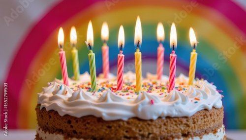 Delicious Birthday Cake with Colorful Candles and Sprinkles on a Vibrant Rainbow Background