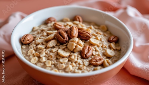 Bowl of Nutritious Oatmeal Topped with a Variety of Nuts Ready for a Healthy Breakfast