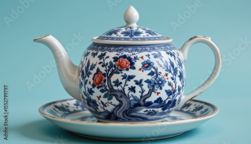 Elegant Blue and White Ceramic Teapot with Floral Design on a Matching Plate Against a Light Background