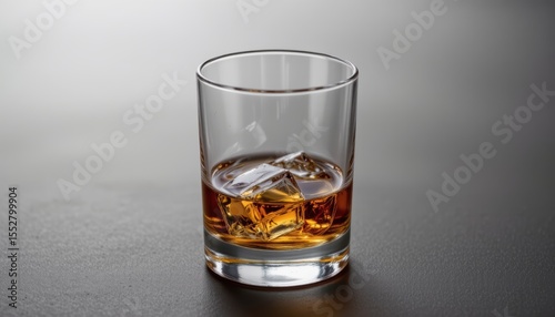 Classic Whiskey Served Over Ice in a Clear Glass with Elegant Presentation on Dark Surface