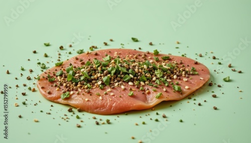 Raw Chicken Breast Seasoned with Herbs and Spices on a Green Background