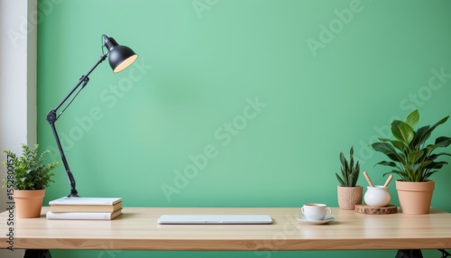Minimalist Workspace with Desk Lamp and Green Wall Featuring Houseplants and Teacup
