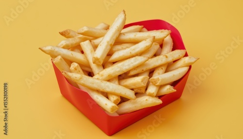 Golden, Crispy French Fries in a Red Container on a Bright Yellow Background