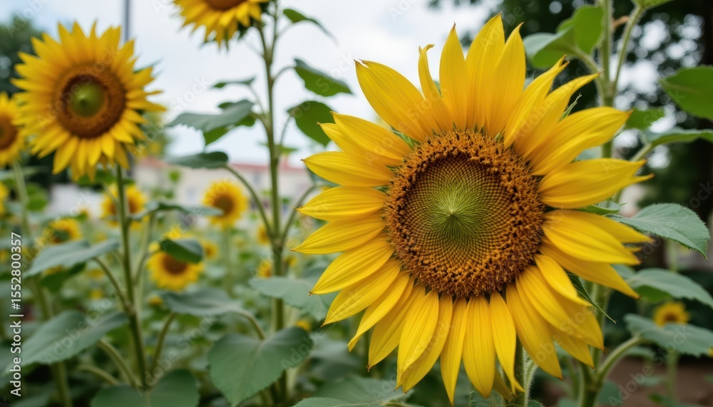 Fototapeta premium Close-Up of Vibrant Sunflower Blooms in an Outdoor Garden During a Sunny Day