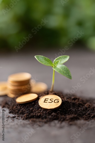 Green Plant Growing from ESG Coins in Soil, Ethical Investing Concept, ESG