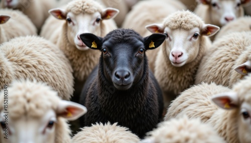 Black Sheep Standing Out Amongst White Sheep in a Herd on a Farm in Rural Landscape