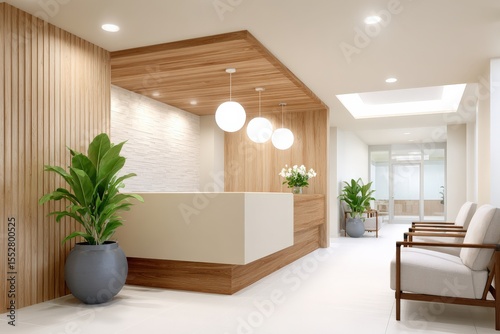 Moodscaping: Stress-reducing hospital reception with ambient lighting and calming natural materials