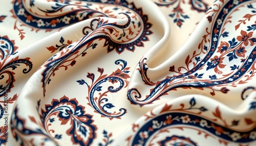 a close up of fabric with an intricate pattern, featuring a repeating design that includes scrolled elements and possibly paisley shapes