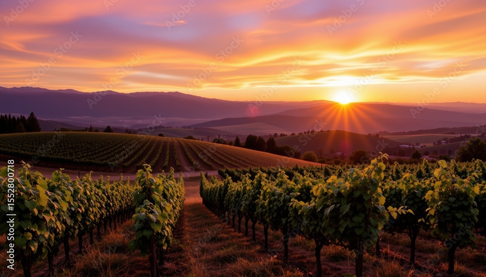 Fototapeta premium Vibrant Vineyard Landscape at Sunset with Rolling Hills and Golden Sky in the Countryside