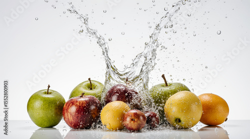 Dynamic images of fruits splashing into water, capturing vibrant colors, refreshing splashes, and the essence of freshness and vitality. AI generated.
