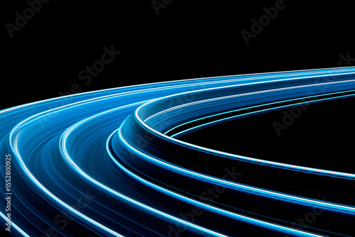 Curved glowing blue light trails on black background creating futuristic and dynamic abstract motion effect