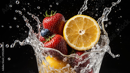 Dynamic images of fruits splashing into water, capturing vibrant colors, refreshing splashes, and the essence of freshness and vitality. AI generated.
