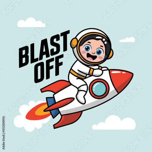 Child astronaut blasts off on a rocket into space. Cute cartoon character, space exploration, imagination, childhood adventure, outer space, flying