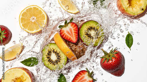 Dynamic images of fruits splashing into water, capturing vibrant colors, refreshing splashes, and the essence of freshness and vitality. AI generated.
