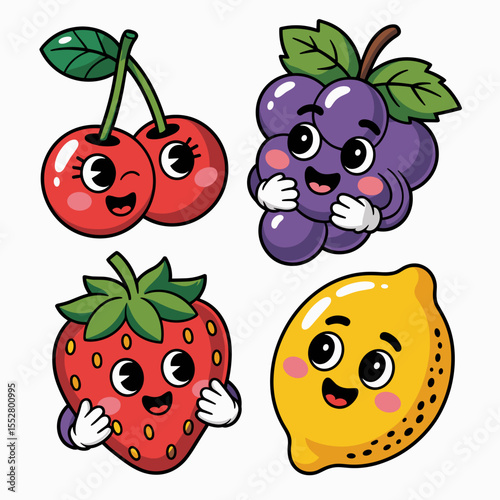 Cute cartoon fruits smile and pose. Cheerful cherries, grapes, strawberry, and lemon characters, vibrant and playful
