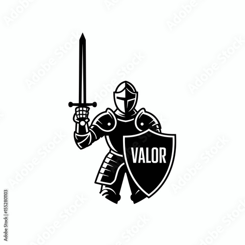 Knight in armor holds sword and shield. Medieval valor, strength, protection, and defense in battle.