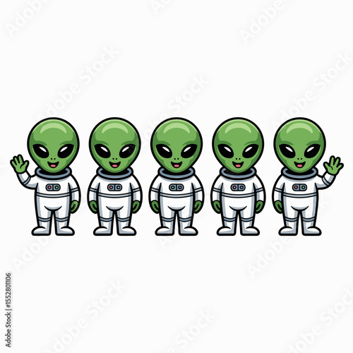 Five cartoon aliens stand in a row waving. Cute aliens, cartoon characters, extraterrestrials, outer space.