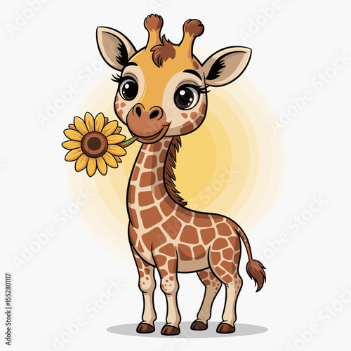 Cute giraffe holds sunflower in its mouth. Cartoon illustration, animal, giraffe, smile, adorable, playful, illustration.