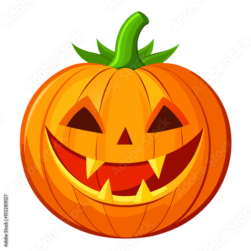 Classic Halloween Jack-o'-lantern with a glowing carved face, smiling mischievously.