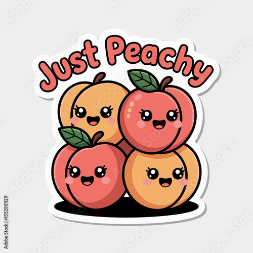 Cute peaches smile sweetly with the words 'Just Peachy'. Playful fruit illustration, cartoon stickers, sweet expression, positive attitude, digital artwork.