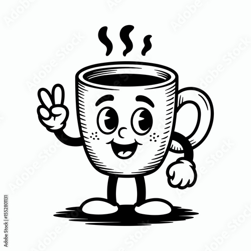 Cartoon coffee mug character makes peace sign with arm. Happy cartoon, mascot, animation, coffee, fun, vector, illustration.