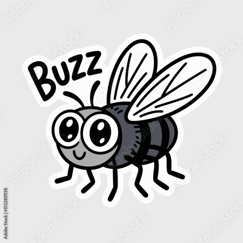 Cartoon fly buzzing and smiling cheerfully. Cute insect illustration, pest control, buzzing sound, cartoonish style