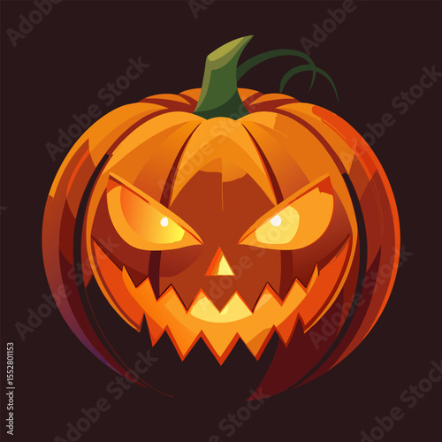 Glowing face of a Jack-o'-lantern. Close-up on the luminous, carved features of a Halloween pumpkin.
