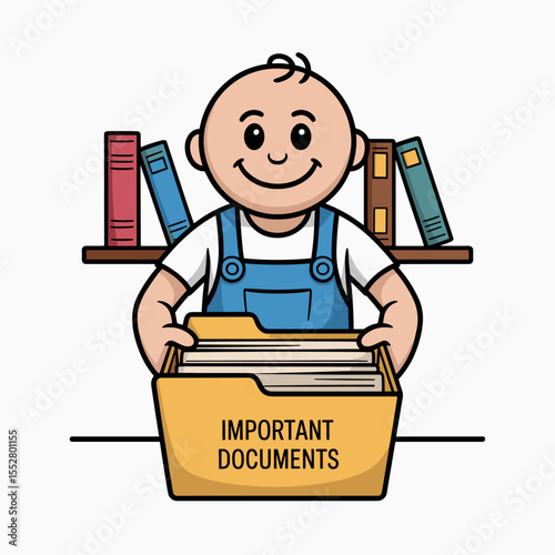 Cartoon character holds important documents in folder with bookshelf in background. Illustration for organization, planning, records, and information.