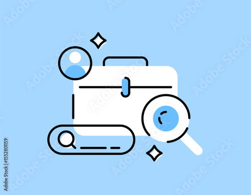 a job search concept. job search service. recruitment and hiring. illustration of a briefcase with magnifying glass, search bar. flat style design with outline. asset element symbol