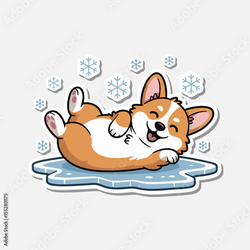 Cute corgi dog plays in the snow. Cartoon character, winter season, fun.