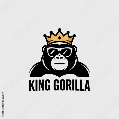 Gorilla wearing sunglasses and a crown looks cool. Stylish ape, king of the jungle, primate royalty, confident mascot.