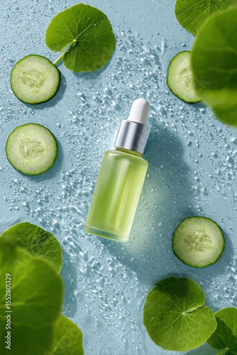Centella Serum with cucumber, centella leaves and water drops, ultra-hydrating skincare flat lay, Selective Focus