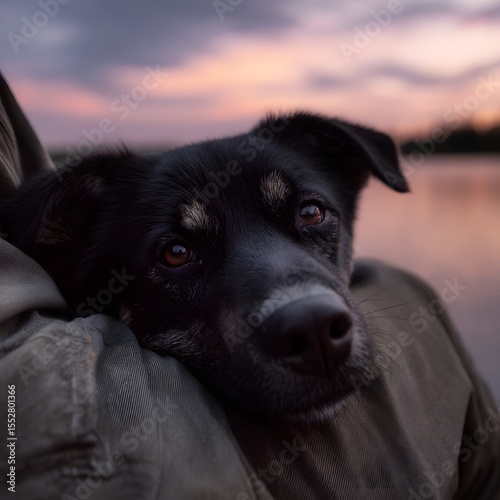 A peaceful moment as a dog rests its head on its owner s lap during a calm evening